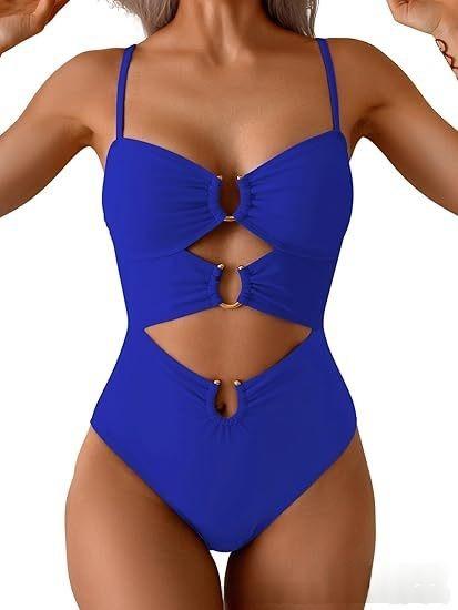 European and American swimsuit women's sexy splicing metal buckle hollow one-piece swimsuit hot spring vacation swimsuit women