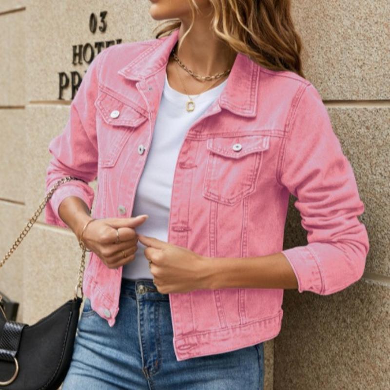Women's Denim Jackets Fashion Female Casual Long Sleeve Lapel Solid Button Down Chest Pocket Slim Jean Jacket Coat