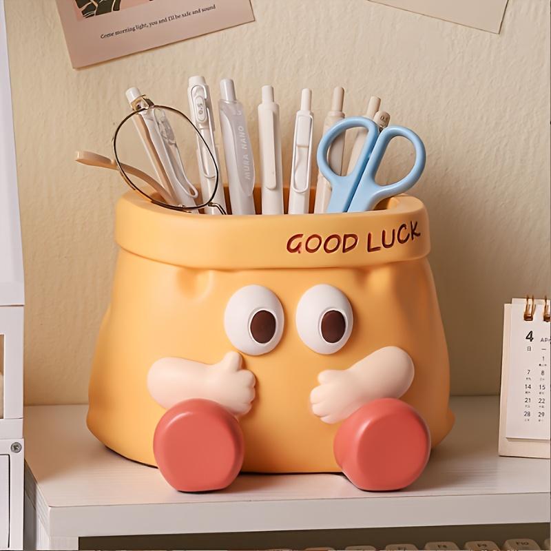Good Luck  Resin Desk Organizer with Cute Face ,Multi-Compartment Pencil Holder, Scissors ,Eyeglasses Storage, Vibrant Yellow with Red Accents