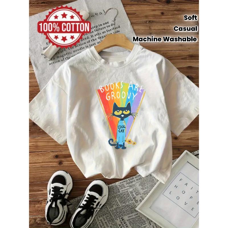 

BOOKS ARE GROOVY Black Cat Printed T-shirt Loose Short Sleeve Retro Hippie Style Top XXL білий