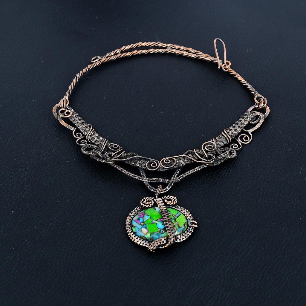 Fiesta Kingman Turquoise Necklace, 999 Copper Wire Wrapped Necklace Jewelry, Adjustable Chain Gemstone Handmade Jewelry Necklace, Gift For Friend