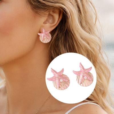 Marine Life Accessories 1 Pair Starfish Shell Dangle Earrings for Women, Faux 3D Relief Pearl Bohemian Beach Earrings, Statement Summer Vacation
