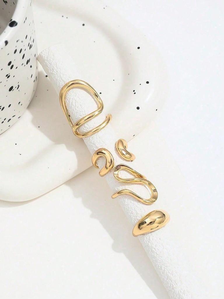 4Pcs /Set Fashion Bohemian Geometric Hollow Asymmetrical Abstract Design Adjustable Gold Rings Set For Women Jewelry Accessories