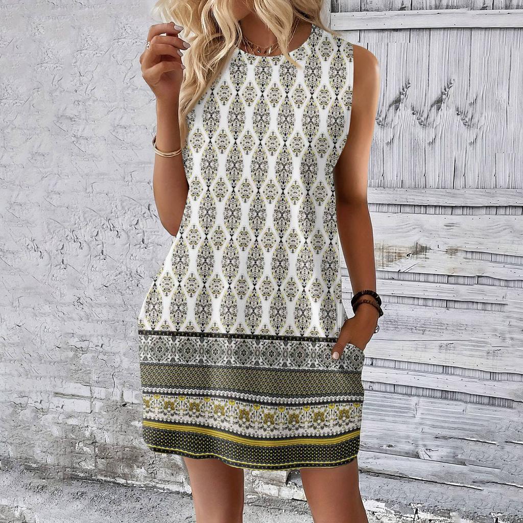 Women's Casual And Fashionable Round-neck Sleeveless Printing Mid Length Dress