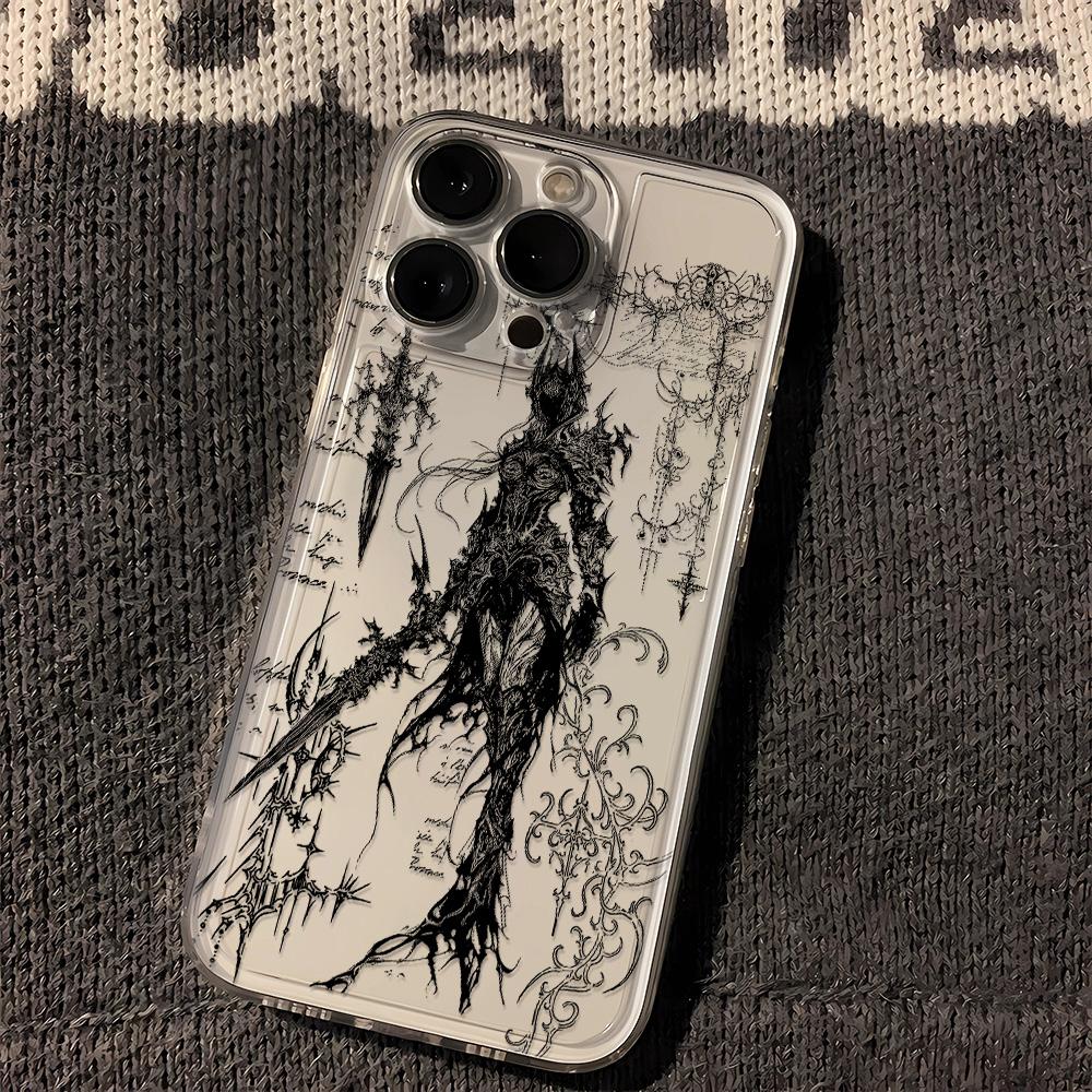 Gotisches Dunkler Engel Skizze Muster Design Schutzhülle für iPhone 17 16 15 14 13 12 11 16E Serie Pro Max Plus