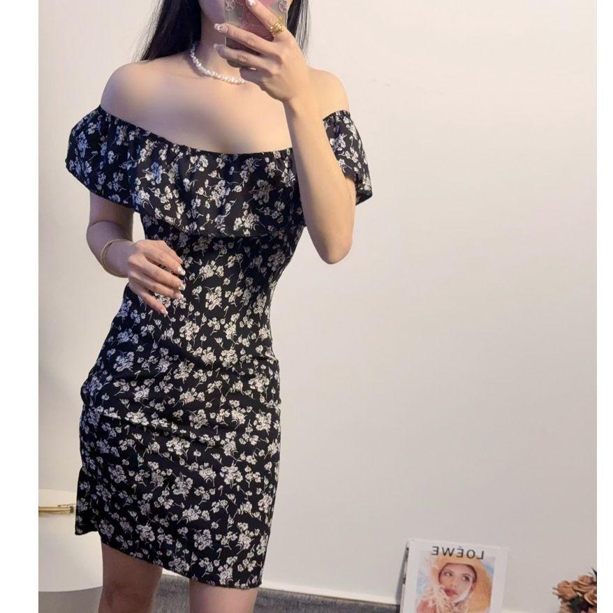 One-word Shoulder Floral Dress Children's Summer New Slim Fit and Thin Hip Skirt Sweet and Spicy Pure Sexy Hot Girls