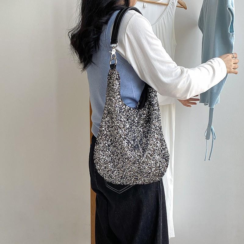 Korean Fashionable Casual Shiny Large-capacity Shoulder Bag Women's 2025 Light Luxury Niche High-end Beaded Tote