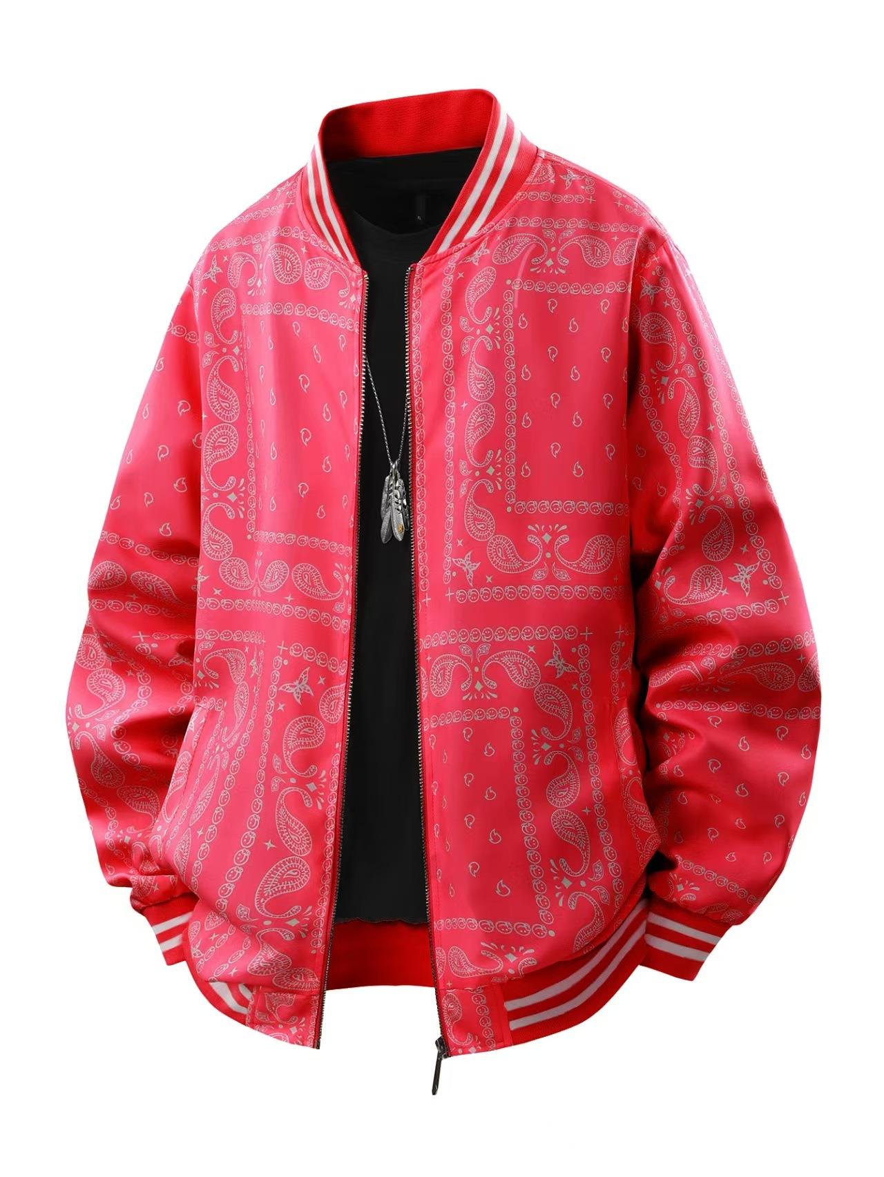 Men s Black Paisley Print Zip Up Track Jacket with Contrast Stripes S красный