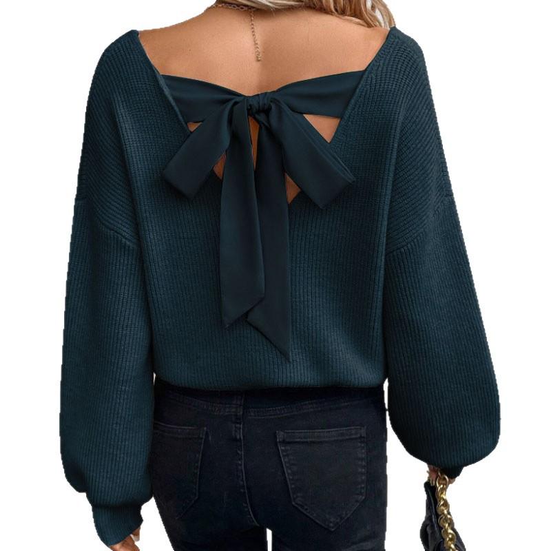 Fekete Laza Kötött Pulóver Hátsó Kivágással és Masni Részlettel, Alkalmi Hosszú Ujjú Felső