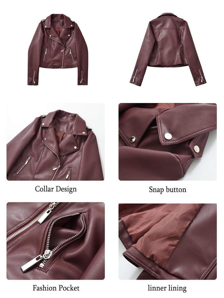 Women PU Leather Jacket Lady Motorcycle Leather Jacket Lapel Zipper Faux Leather Short Coat