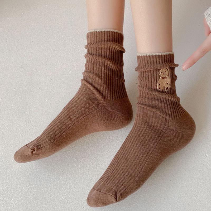 Little Bear Women's Cute Japanese Korean Style Mid-Calf Socks - Spring, Autumn, Summer Solid, Autumn and Winter Options