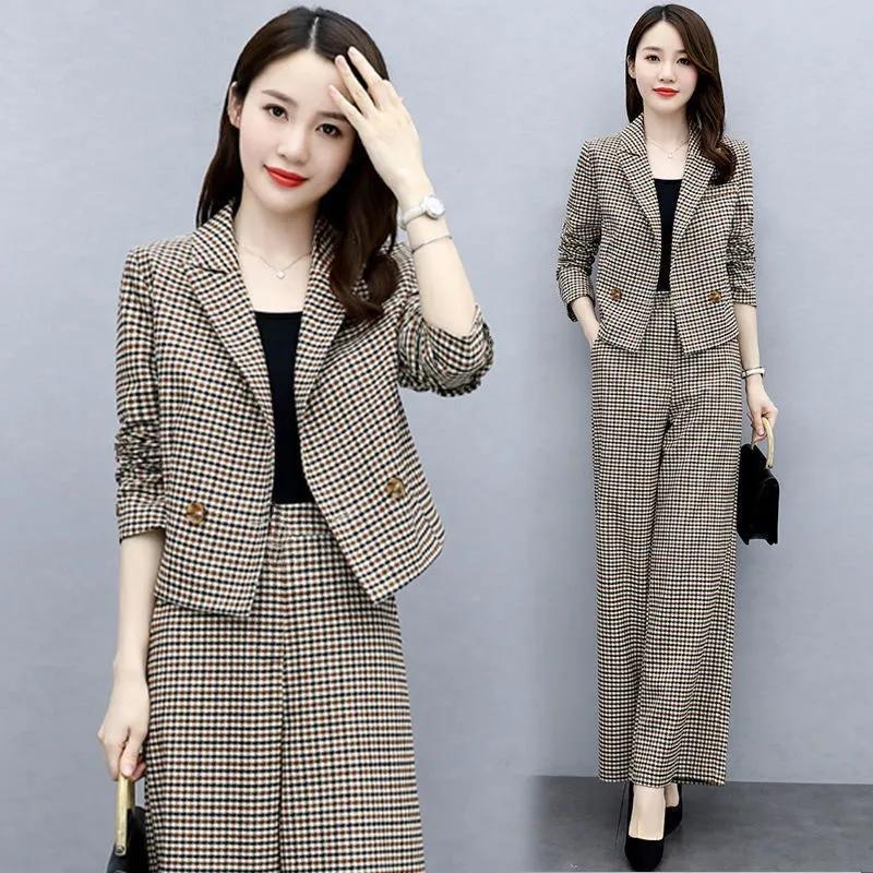 Elegante Traje de 2 piezas a cuadros con pantalones acampanados para mujer, Ropa de mujer de moda de estilo coreano para primavera otoño