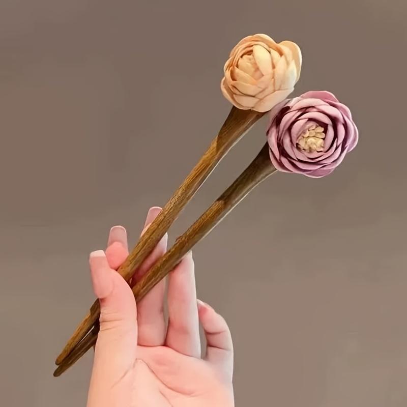 1/2pcs Sandalwood Floral Hairpin - Antique-Inspired Elegant Hair Accessory with Pink Roses & Golden Accents for Cheongsam,Hanfu