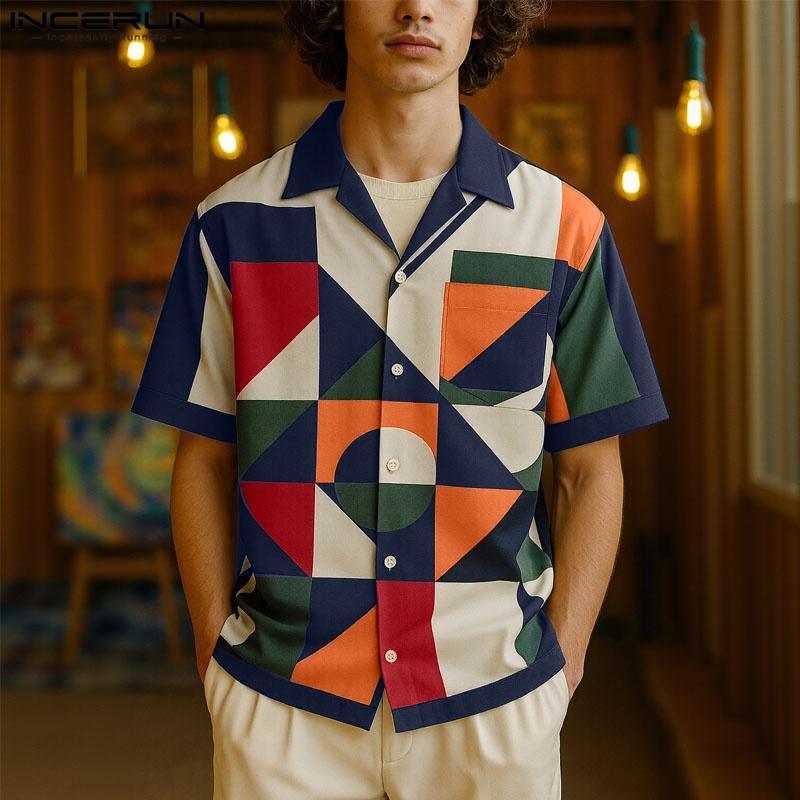 

INCERUN Summer Men Lapel Neck Short Sleeve Colorful Geometric Casual Loose Shirts L