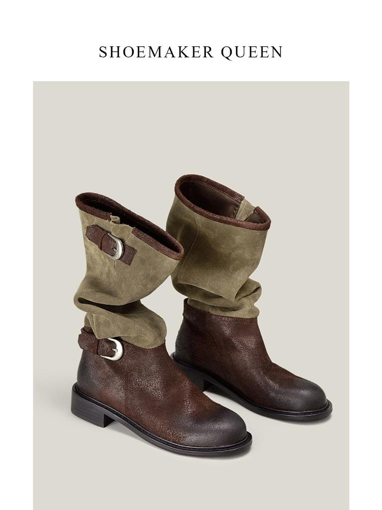 2025 nowy oryginalny design retro metalowa klamra okrągły nosek długie cholewki buty do zakładania gruby obcas trend rycerski buty za kostkę