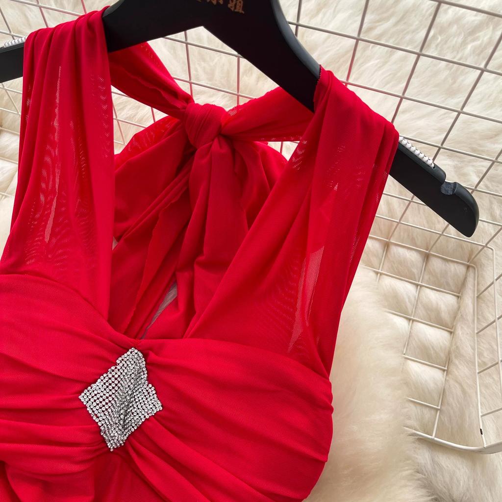 Summer V-neck Off Shoulder Strapless Mesh Midi-length Dresses Womens Sexy Halter Backless Buttons Deco Slim Beach Vacation Dress