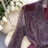 Chic French Style Evening Party Dress for Ladies V Neck Long Sleeves 3D Floral Mesh Sequins Satin Splice Senior Dresses