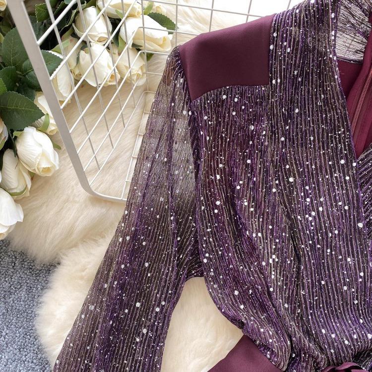 Chic French Style Evening Party Dress for Ladies V Neck Long Sleeves 3D Floral Mesh Sequins Satin Splice Senior Dresses