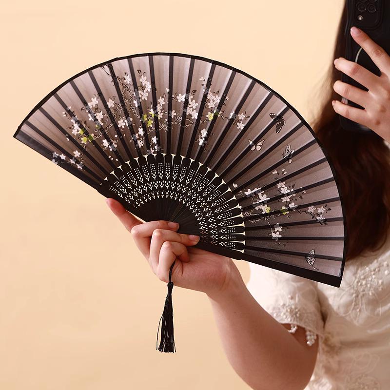 Ancient Chinese Style Black Bamboo Folding Fan for Women's Hanfu Dance Costume