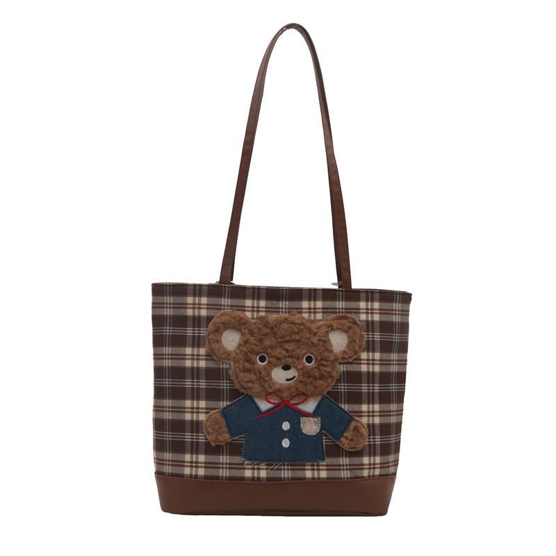 Adorable Trendy Plaid Tote Bag In White Cute Dog Design Perfect For Casual Outings