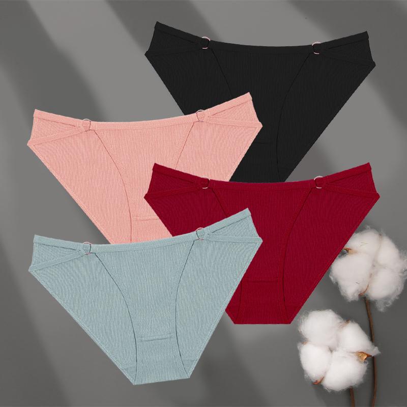 4Pcs Cotton Striped Underwear Women's Double Belt Panties Sexy Low Waist Solid Briefs Female Breathable Comfort Lingerie