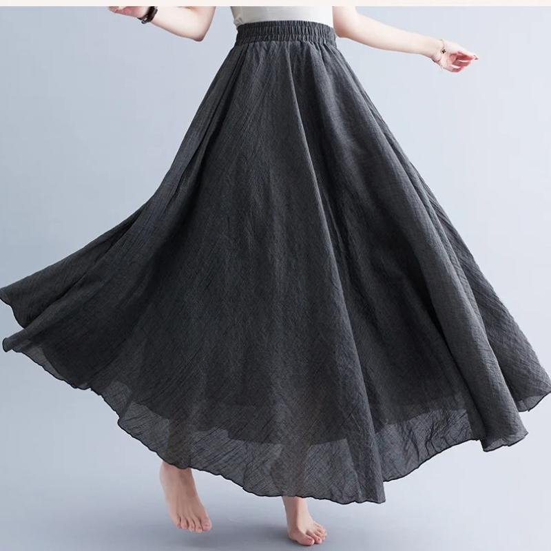 Women Linen Cotton Long Skirts Elastic Waist Pleated Maxi Skirts Beach Boho Vintage Summer Skirts Faldas Saia