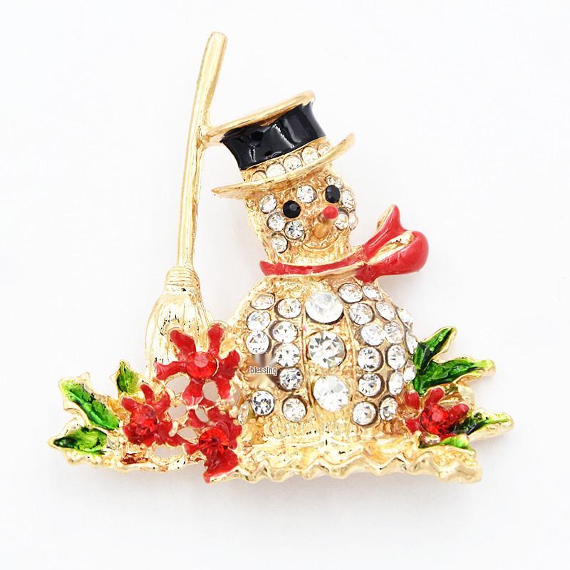 Gold-Plated Alloy Snowman Brooch with Rhinestones and Enamel Zhenyao Jewelry
