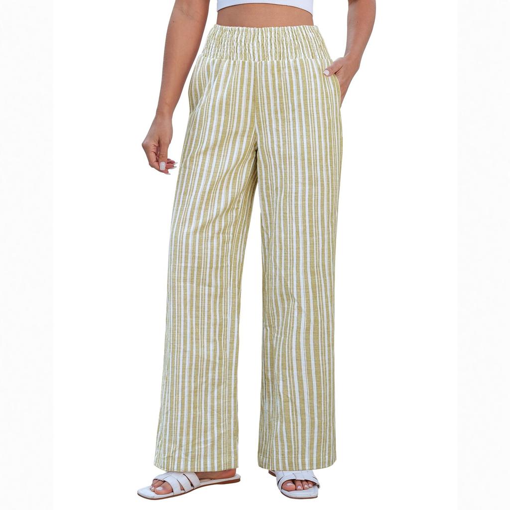 Ladies' Casual And Fashionable High Waist Wide Leg Striped Linen Pants