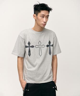PLACESTUDIOMAN Vintage Antique Cross Print Cotton Round Neck Oversized Essential Short Sleeve T-Shirt _3 Colors