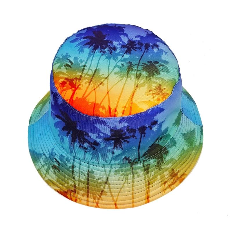 Soft Breathable Bucket Hat Sun Protective Caps with Tropical Scenery Print for Outdoor Activity and Travel Beach Vacation
