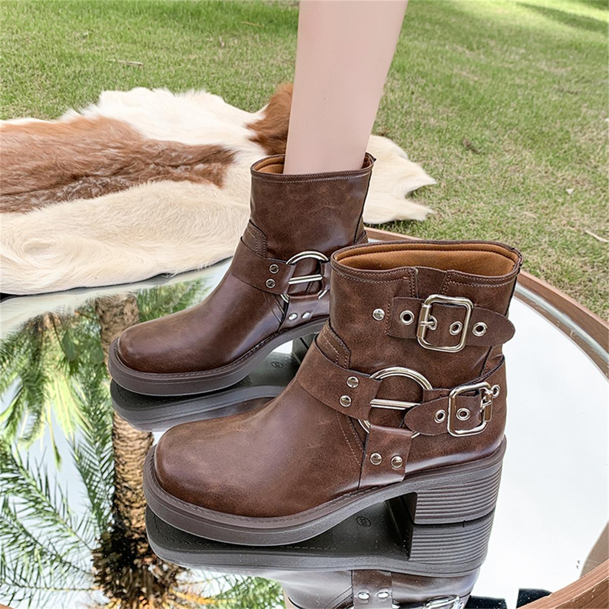 

TUINANLE Autumn Early Winter Shoes Women Ankle Boots Leather Modern High Heels Ladies Square Heels Black Brown 42 коричневый