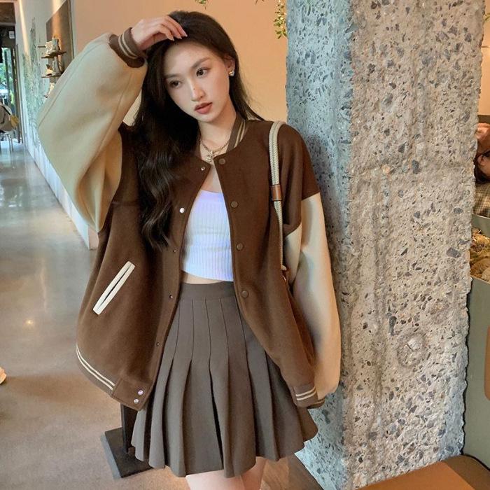 High-Street Korean Baseball Jacket: Velvet-Thick, Unisex, Trendy College Style with Printed Design M кофейный