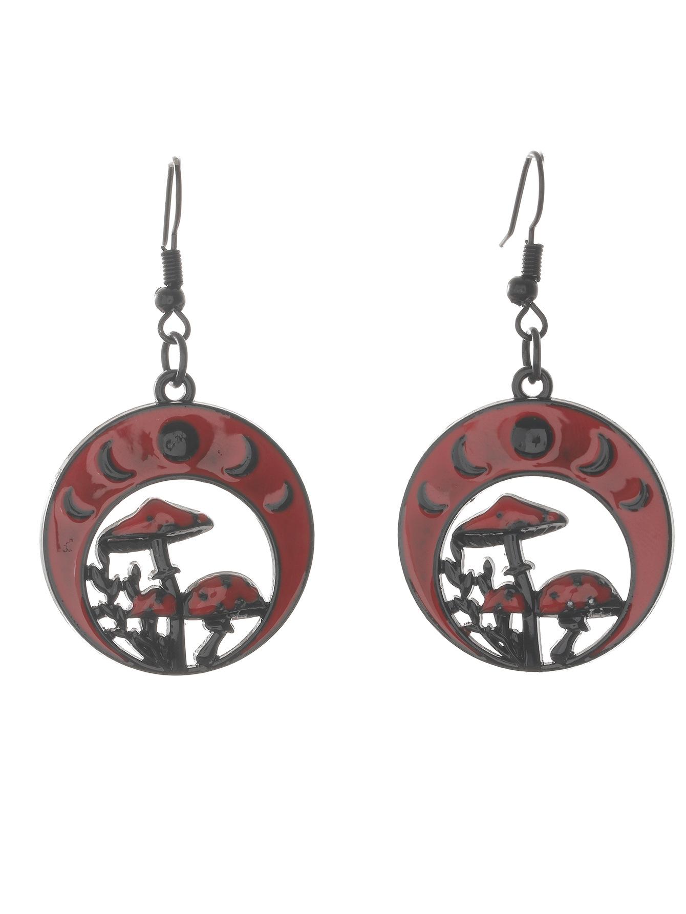 

Vintage Black Red Mushroom Circular Pendant Earrings For Women Gottppen Party Zircon Accessories коричневий