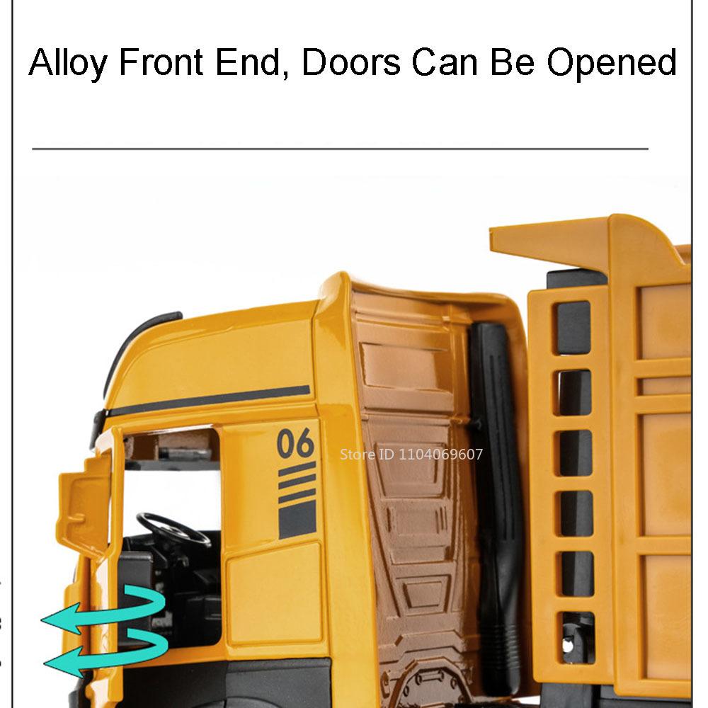 AAZT1 1:50 Scale Trailer Dump Truck Model Car Toys Alloy Diecast Sound Light 3 Doors Opened Pull Back Transportation Engineering Cars