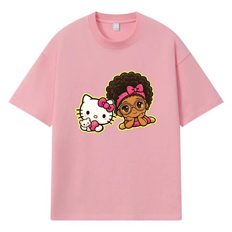2026 Hello Kitty and Girl Printed Graphic Y2k Harajuku Streetwear 100% Cotton T Shirt Casual Oversized Summer Men T-shirt