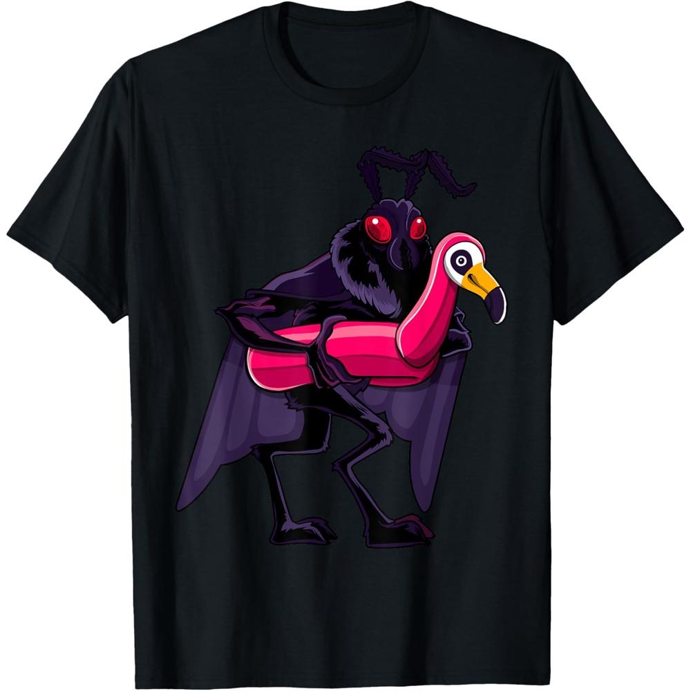 Mothman Pool Party Pink Float Flamingo Funny Cryptid Monster T Shirt S чёрный