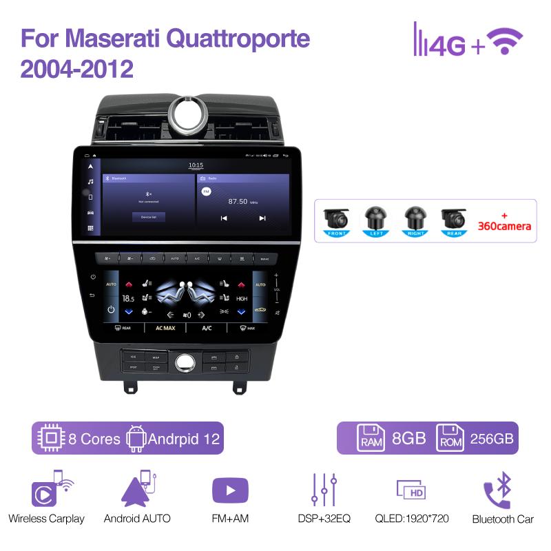 CarPlay 12.3" For Maserati Quattroporte 2008-2012 Car Multimedia Player GPS Navigation Radio Android12 8+128G 8Core 4G 360Camera
