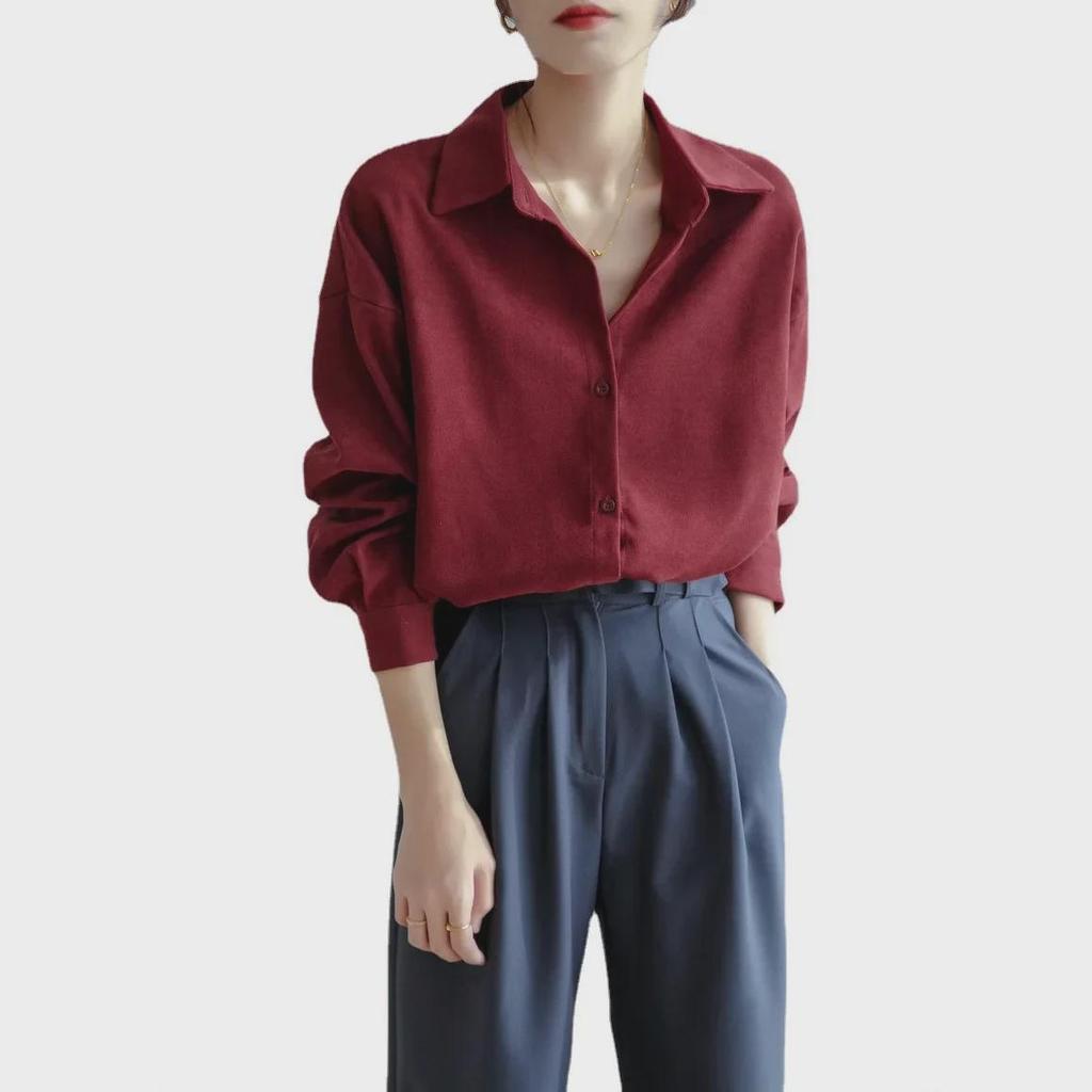 Locker gebürstetes Retro-Hemd aus rotem Cord für Damen – Frühling/Herbst 2025