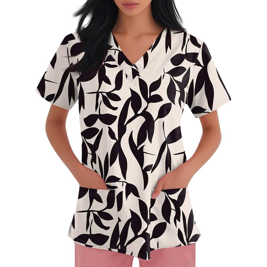 Women's Fashion Printed  Short Sleeve Care Workwear With Double Pockets Top