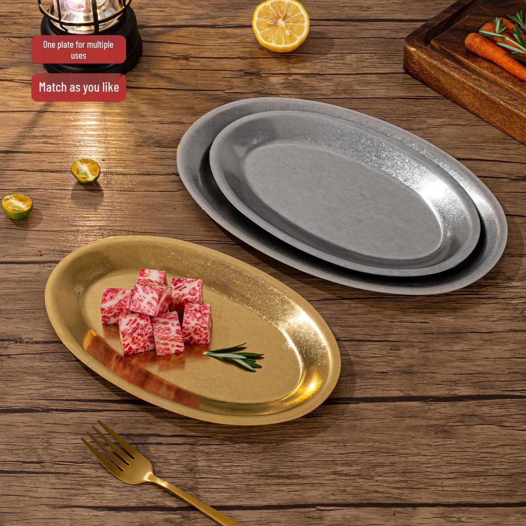 Retro Stainless Steel Oval Dessert and Fish Tray for Barbecue & Coffee Shops