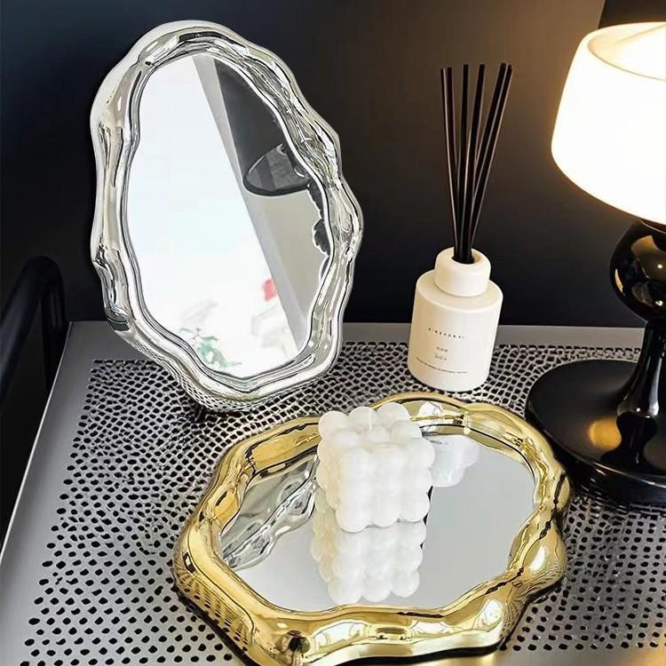 Electroplate Mirror Figurines Silver Mirror Desktop  Makeup Mirror for Bathroom Living Room Study Home Decor