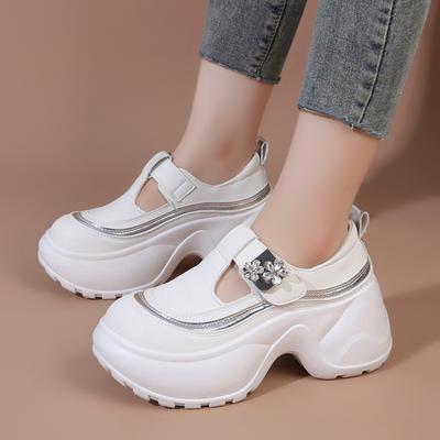 Plateau-Sneaker für Damen Trendiger dicker Boden Glitzer-Verzierung Freizeitschuhe für Damen Weiche klobige Klettverschluss Mary Jane Damenschuhe