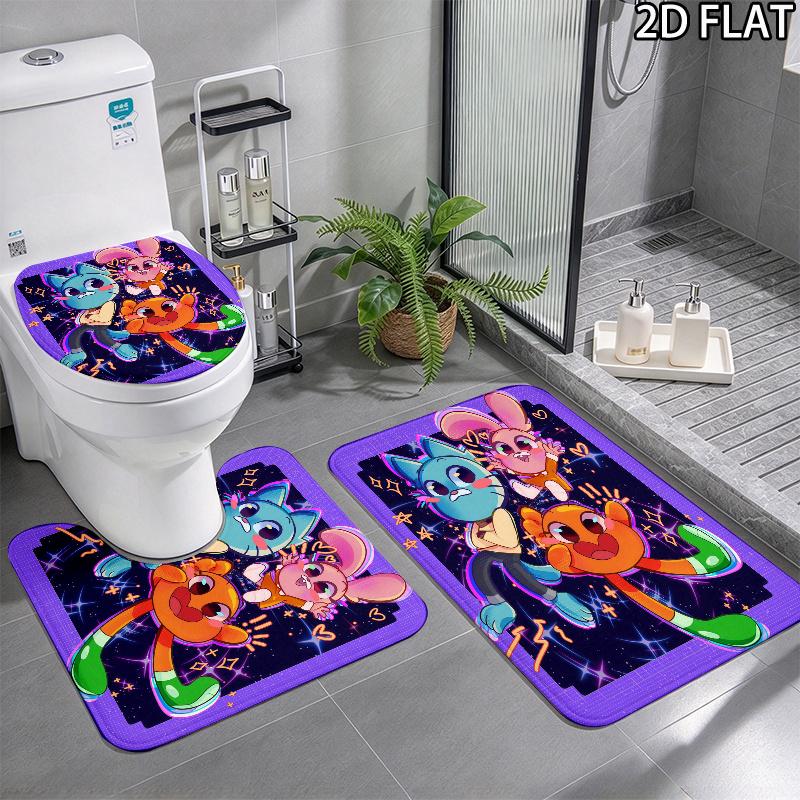 3pcs The Amazing World of Gumball Pattern Flannel Nonslip Absorbent Washable Decorative Bathroom Home Toilet Seat Cover Mat