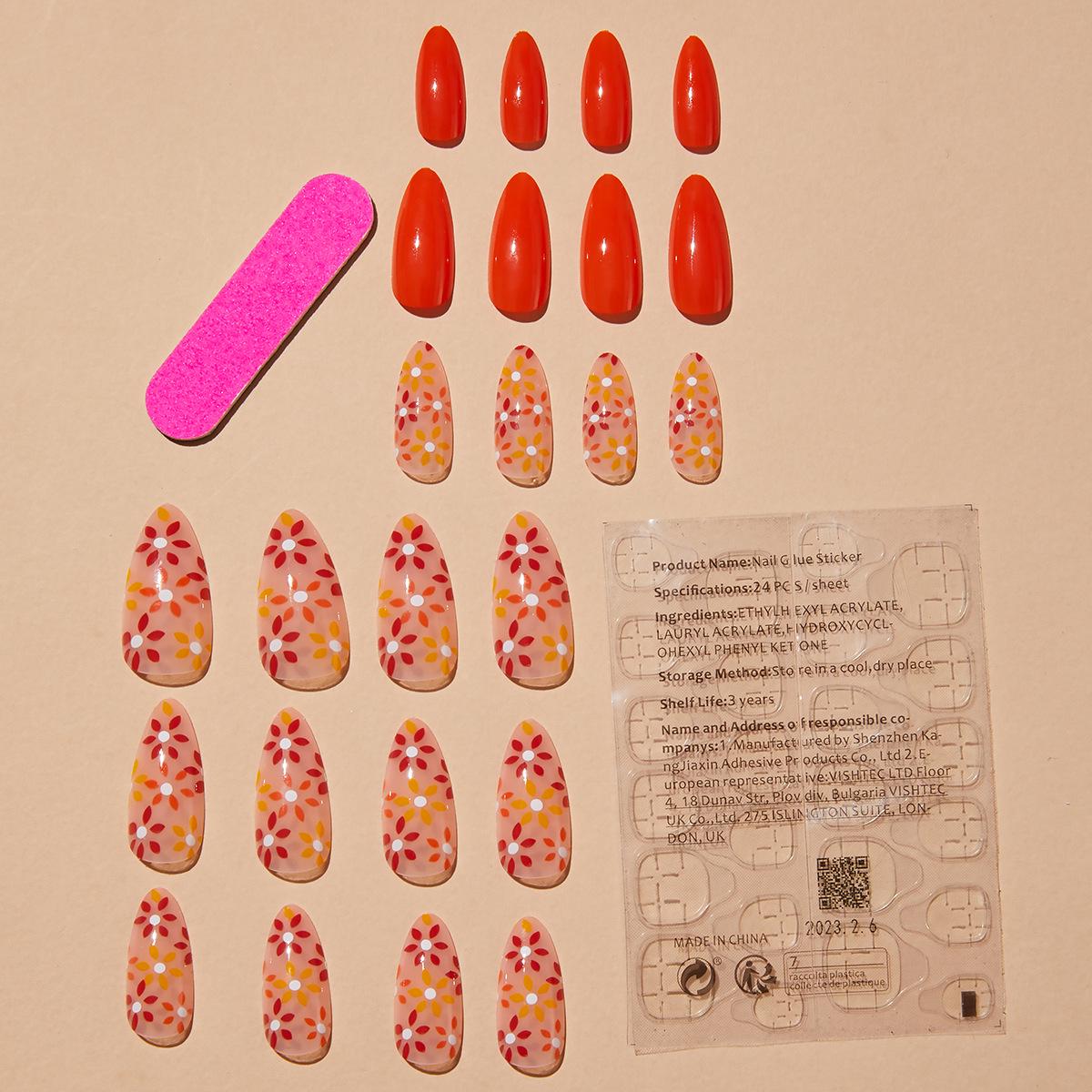 

French Tip Orange-Yellow Flower Press-On Nails - Removable Nail Art Stickers