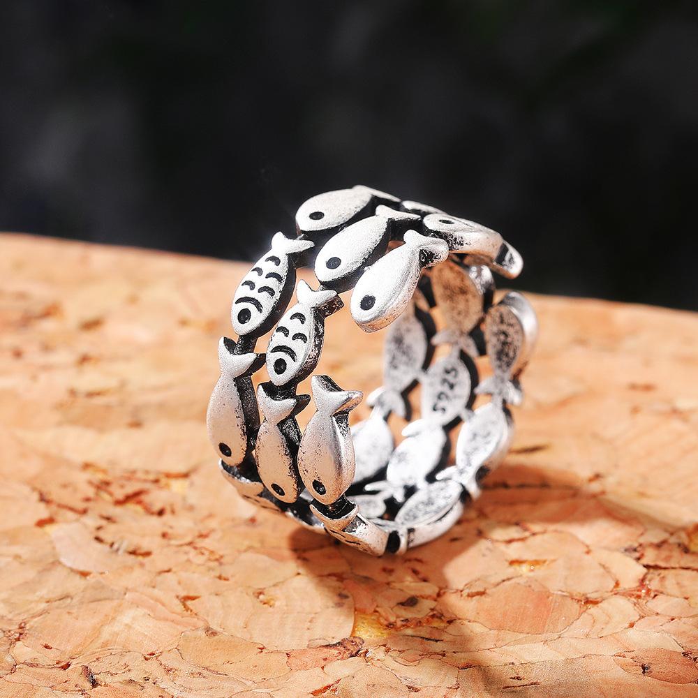 1 st Retro Vintage Bred Tre-lagers Liten Fisk Ring, Söt Pekfinger Ring