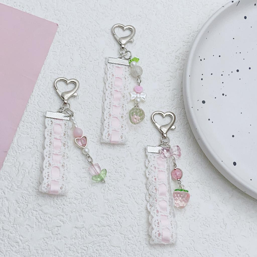 Sweet Lace and Bead Phone Chain Stylish Ballet Lace Ribbon Beaded Phone Hangings with Cute Butterfly Pendant