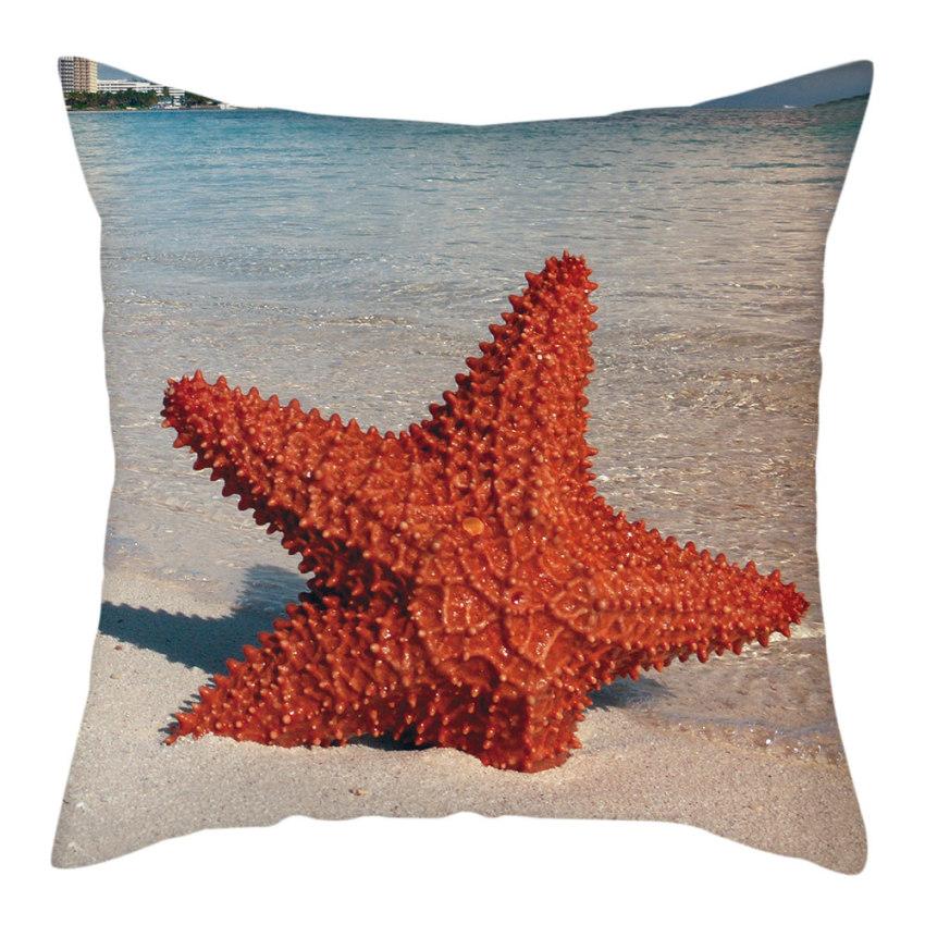 Beach Decoration Pillowcase Natural Landscape Starfish Conch Shell Printing Pillow Home  Sofa Cushion Cover 45x45cm