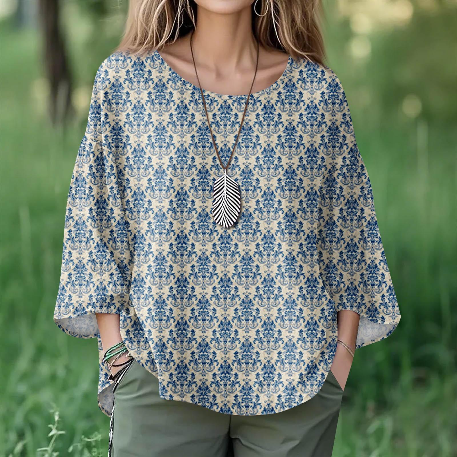 

Summer Tops For Women Cute O Neck 3/4 Sleeve Blouses Floral Print Top Casual Shirts M фиолетовый