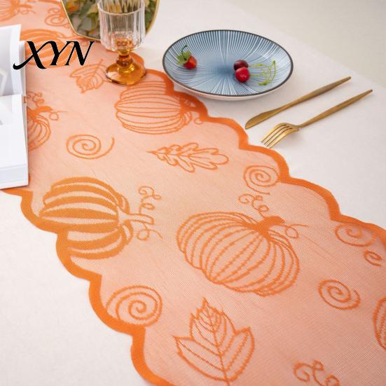 Fall Harvest Table Decor Runner Decorations, Maples Leaves Lace Orange Seasonal Dining Room Tablecloth Runner, Autumn Thanksgiving Decorations