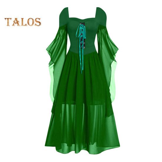 Vinatge Damenkleid, unregelmäßige Hornärmel, einfarbig, A-Linie, großer Saum, schmale Taille, plissierter Schnürriemen, mittelalterliche Halloween-Party, Cosplay-Kostümparty